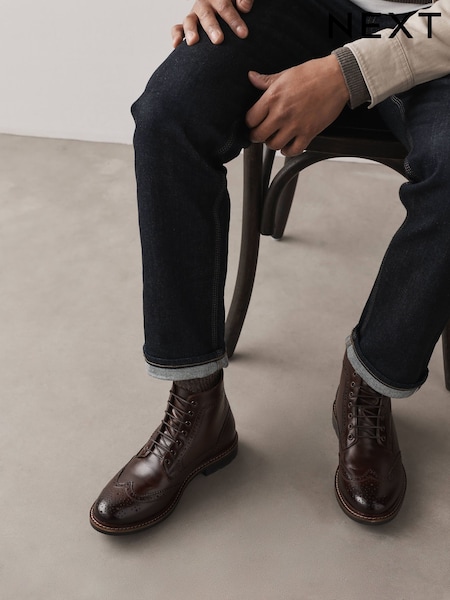 Brown - Regular Leather Brogue Boots