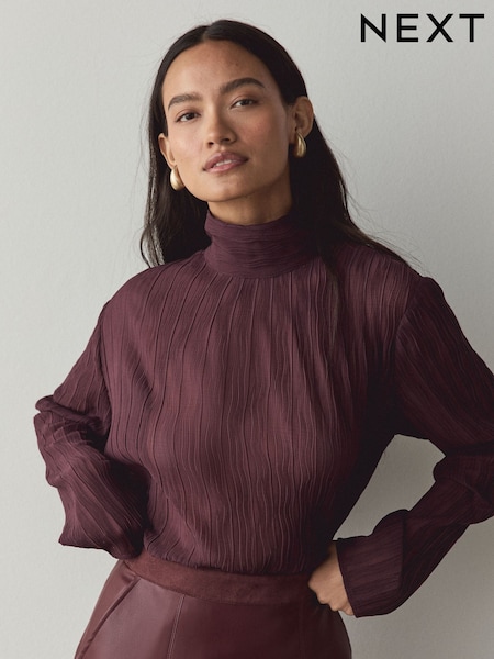 Wine - Textured Funnel Neck Long Sleeve Top