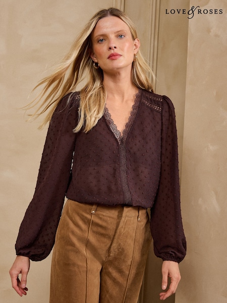 Schokoladenbraun - Love & Roses Dobby Lace Trim V-neck Long Sleeve Blouse