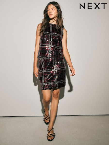 Red/Black Check - Sequin Mini Skirt