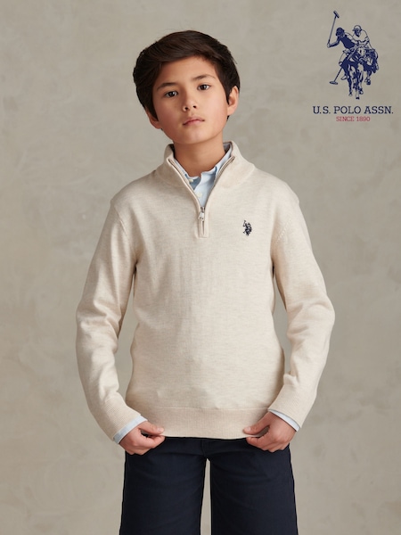 Natural - U.s. Polo Assn. Knitted Cotton Rich Quarter Zip Jumper