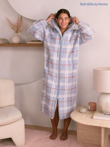 Blue Check - Bath & Body Works Full Zip Cosy Robe With Hood