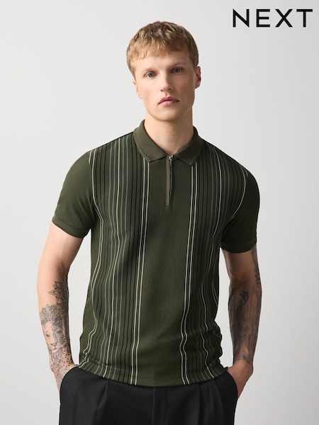 绿色 - Zip Neck Vertical Stripe Polo Shirt