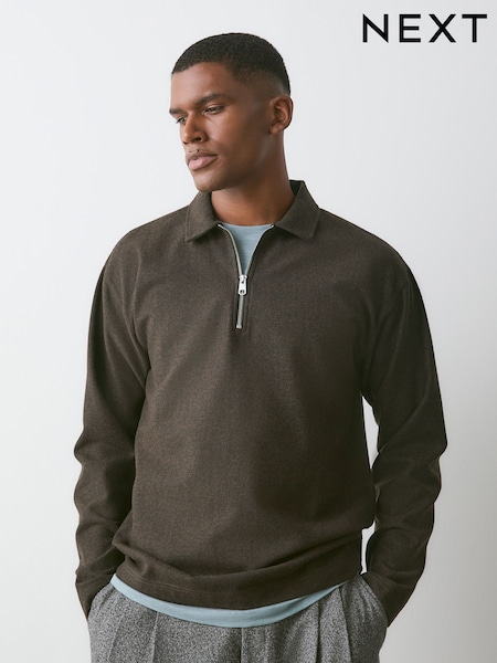 Brown - Regular Heritage Herringbone Long Sleeve Polo Shirt