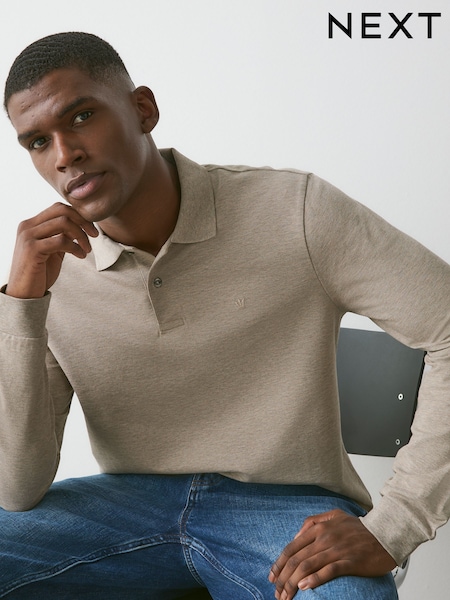 中性色马尔 - Regular Fit Long Sleeve Pique Polo Shirt