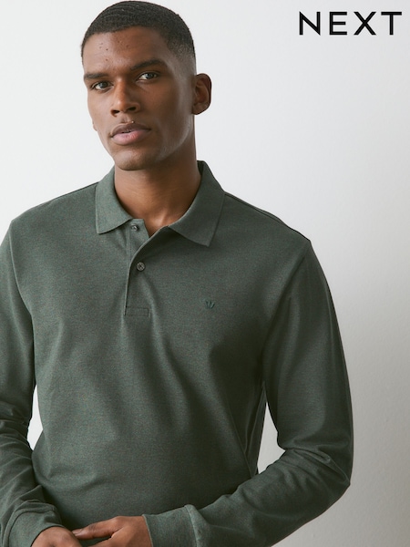 Green Marl - Regular Fit Long Sleeve Pique Polo Shirt