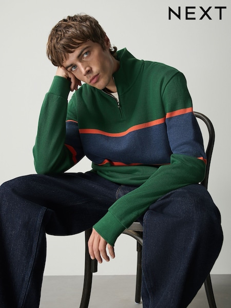 أخضر - Regular Colour Block Long Sleeve Quarter Zip T-shirt