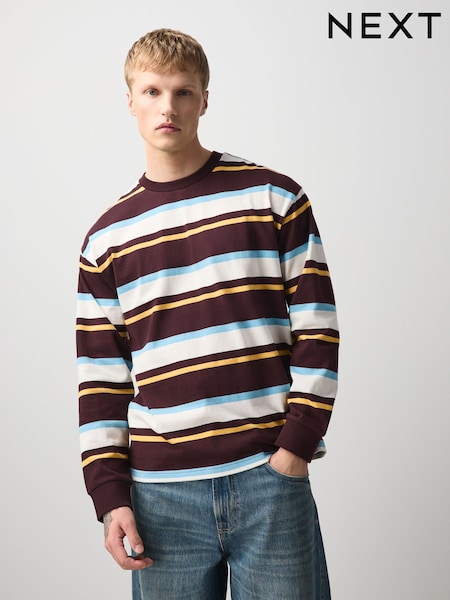 Burgundy Red/White - Regular Horizontal Striped Long Sleeve T-shirt