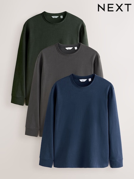 Black/Navy/Charcoal Grey - Regular Relaxed Fit Long Sleeve T-shirts 3 Pack
