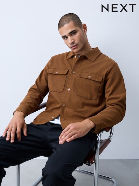 焦糖棕色 - Regular Jersey Twill Popper Shacket