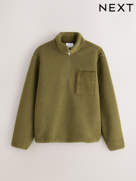 Olive Green - Regular Borg Quarter Zip Fleece