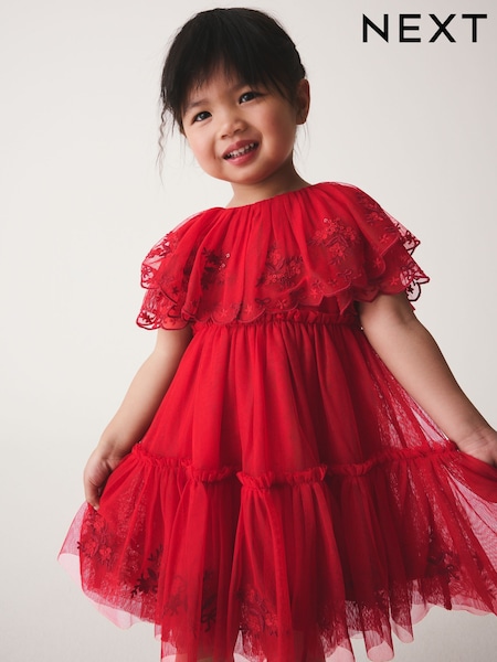 Svetlo Crveno - Embroidered Mesh Cape Occasion Dress (3mths-8yrs)