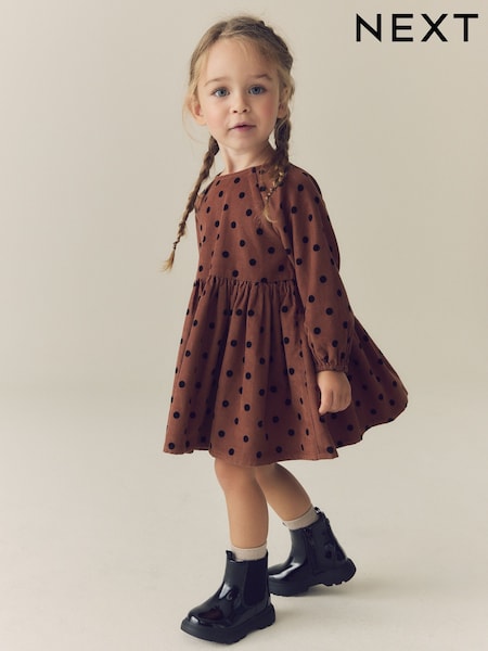 Chocolate Brown Spot - Long Sleeve Cord Dress (3mths-8yrs)
