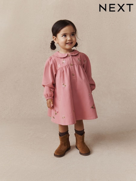 Dusky Pink - Embroidered Long Sleeve Twill Dress (3mths-8yrs)