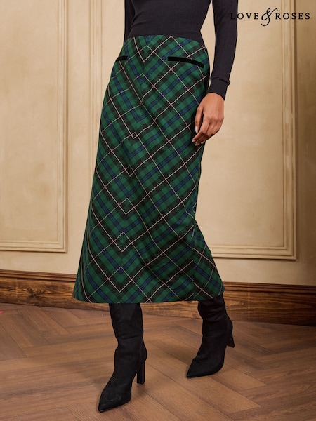Forest Green - Love & Roses Tailored Tartan Velvet Detail Pencil Midi Skirt