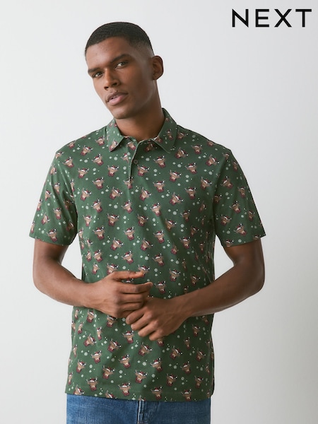 Green Hamish The Highland Cow - Regular Christmas Short Sleeve Motionflex Polo Shirt