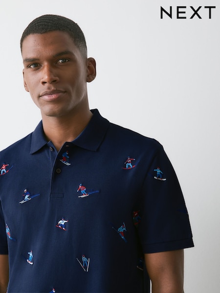 Navy - Regular Christmas Ski Embroided Short Sleeve Motionflex Polo Shirt