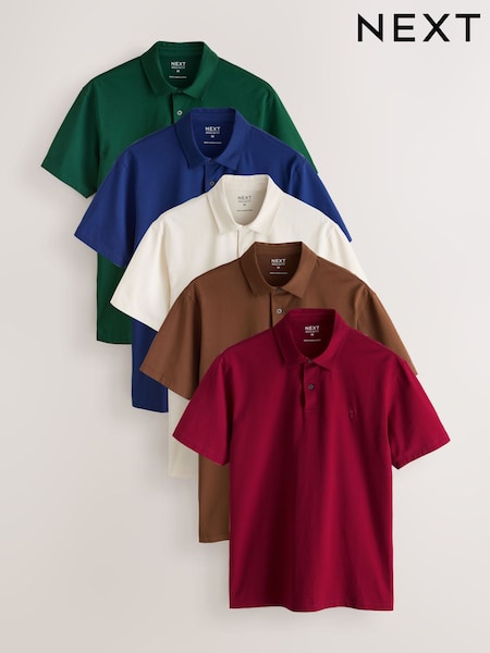 Green/Blue/Ecru/Brown/Red - Regular Fit Motionflex Short Sleeve Jersey Polo Shirts 5 Pack
