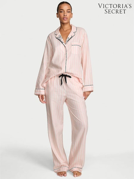 Pretty Blossom Pink Iconic Stripe - Victoria's Secret Flannel Long Pyjama Set