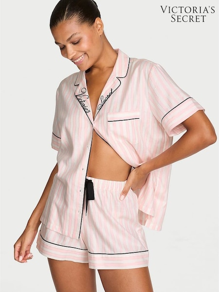 Pretty Blossom Pink Iconic Stripe - Victoria's Secret Flannel Shorts Pyjama Set