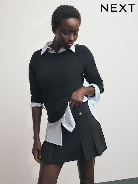 Melns - Ponte Pleated Mini Skirt With Gold Button Detailing