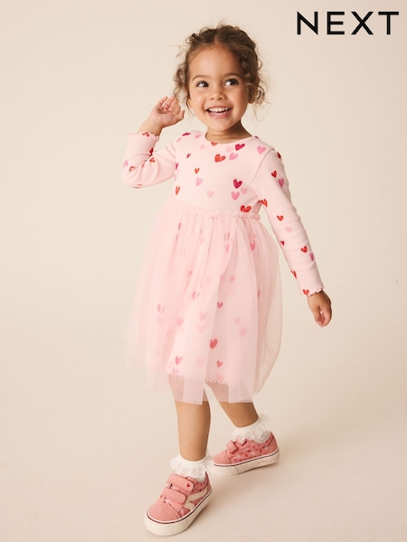 Pink Hearts - Long Sleeve Ribbed Mesh Party Dress (3mths-7yrs)