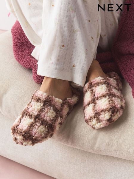 Pink/Brown Check - Borg Mule Slippers