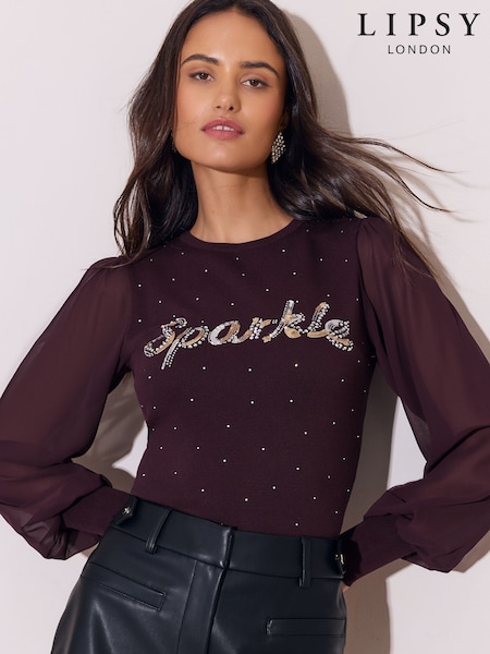 Rojo burdeos - Lipsy Embellished Sparkle Knit / Chiffon Sleeve Jumper