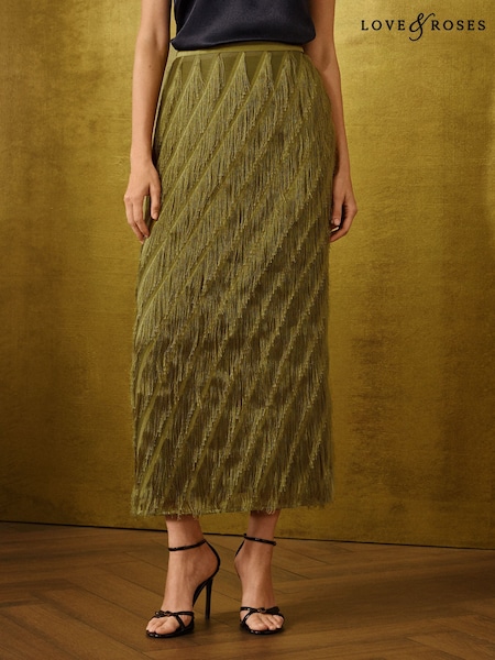 Olive Green - Love & Roses Fringe Midi Skirt