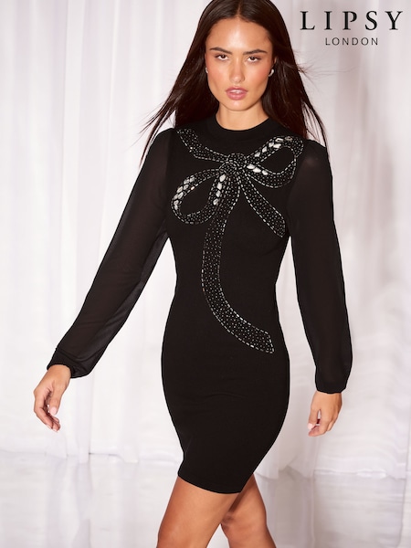 Black - Lipsy Embellished Bow Detail Knit / Chiffon Sleeve Mini Dress