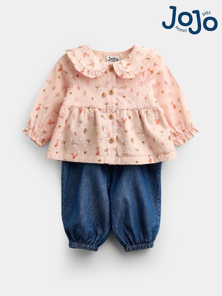 Pale Pink Woodland - Jojo Maman Bébé Baby Blouse & Chambray Trouser Set