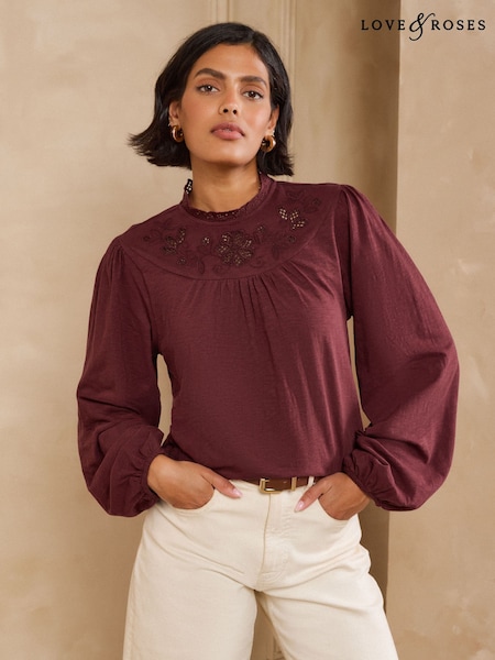 אדום בורגנדי - Love & Roses Cutwork Embroidered High Neck Long Sleeve Jersey Top