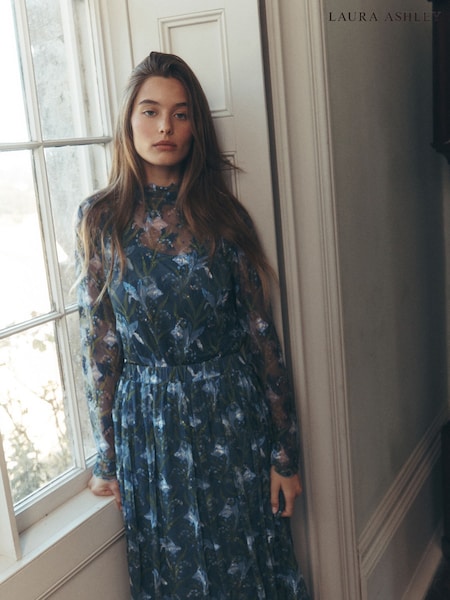 Көк - Laura Ashley Zaylie Floral Print Mesh Overlay Long Sleeve Top