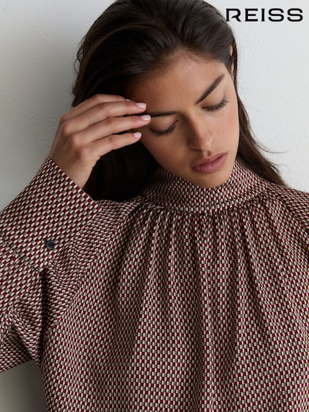 أحمر - Reiss Eden Geometric-print Tie-neck Blouse