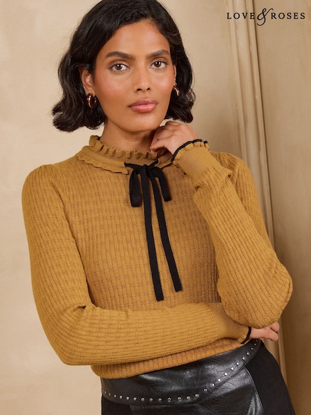 Ochre Yellow - Love & Roses Frilled High Neck Tie Detail Long Sleeve Knitted Top