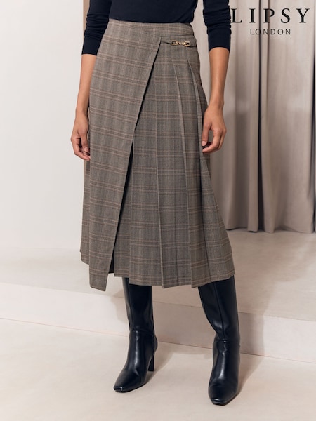 Grey - Lipsy Checked Pleated Midi Skirt