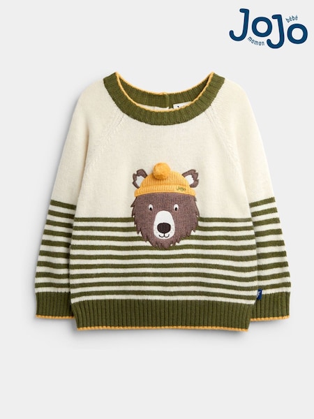 Natural Green Stripe Bear - Jojo Maman Bébé Appliqué Knitted Jumper
