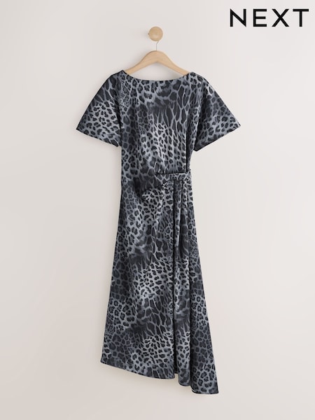 Grey Animal Print - Textured Satin Short Sleeve Side Hitch Midi Dress