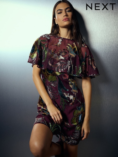 Kew Collection Burgundy Red Floral Devore - Cape V-neck Mini Dress