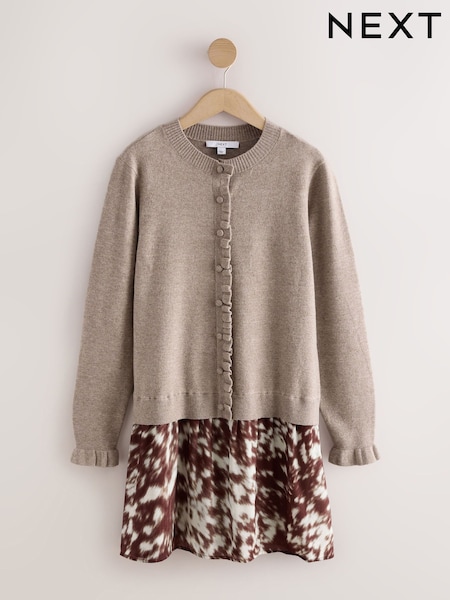 Neutral Animal - Long Sleeve Frill Cuff Knit Cardigan 2 In 1 Mini Dress
