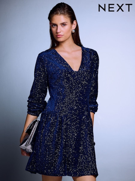 Navy Blue - Long Sleeve Sequin V-neck Mini Dress
