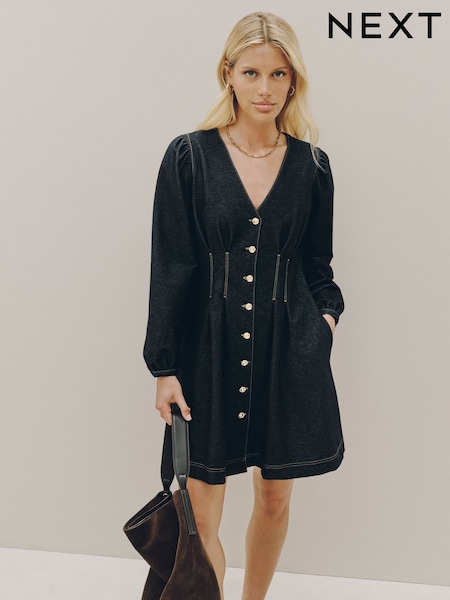 Black - Mini Denim Look Cinched Waist Dress