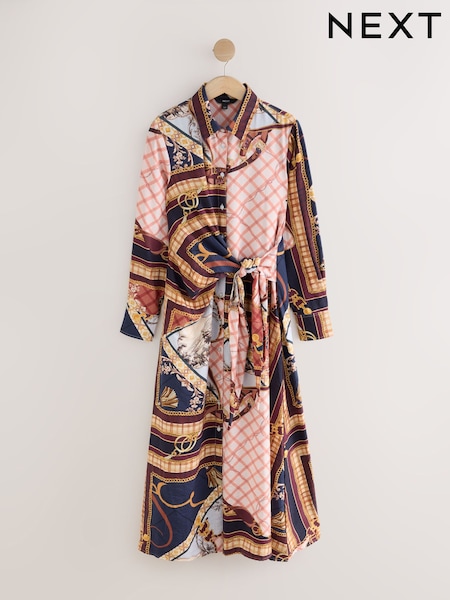 Pink Scarf Print - Long Sleeve Tie Waist Midi Shirt Dress