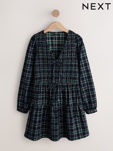 Navy Check - Long Sleeve V-neck Tie Cord Mini Dress