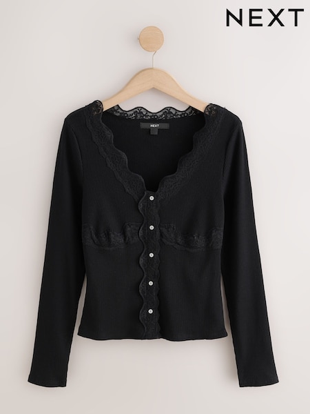 Black - Long Sleeve V-neck Ribbed Lace Trim Top