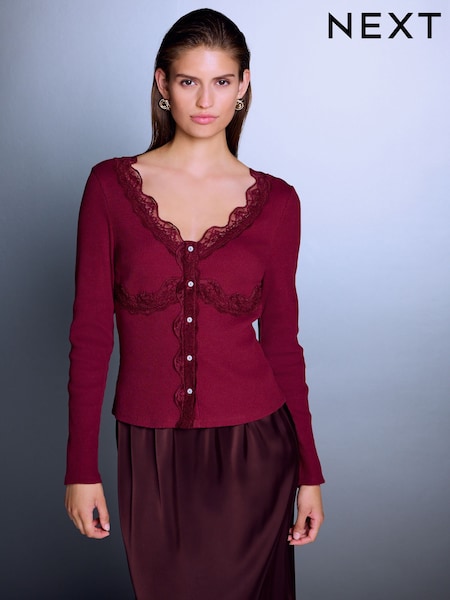 Κόκκινο κρασί - Long Sleeve V-neck Ribbed Lace Trim Top