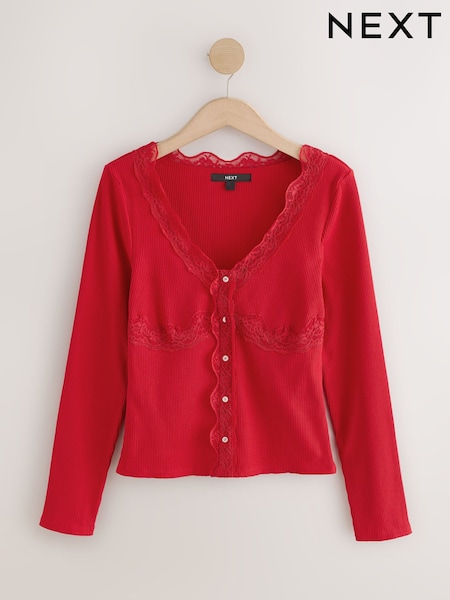 Μπορντό - Long Sleeve V-neck Ribbed Lace Trim Top