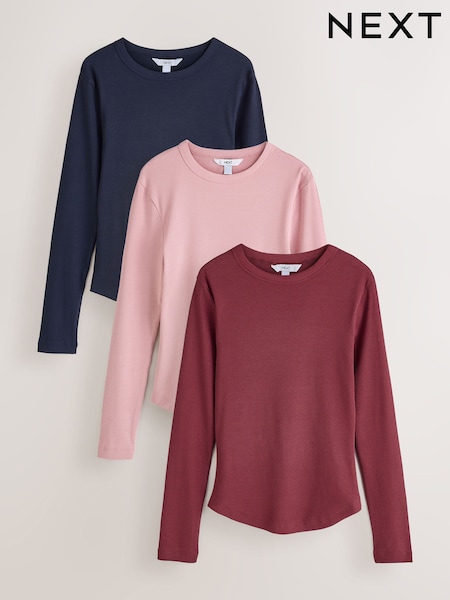 Blue/Pink/Brown - Long Sleeve Crew Neck Ribbed Tops 3 Pack