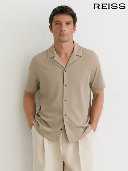 Stone - Regular Reiss River Stretch Textured Cuban-collar Shirt