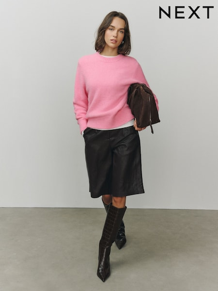 Pink Plain - Long Sleeve Crew Neck Knitted Jumper With Wool